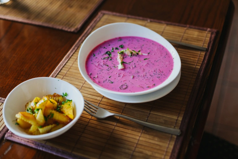 Cold soup with fried potatoes